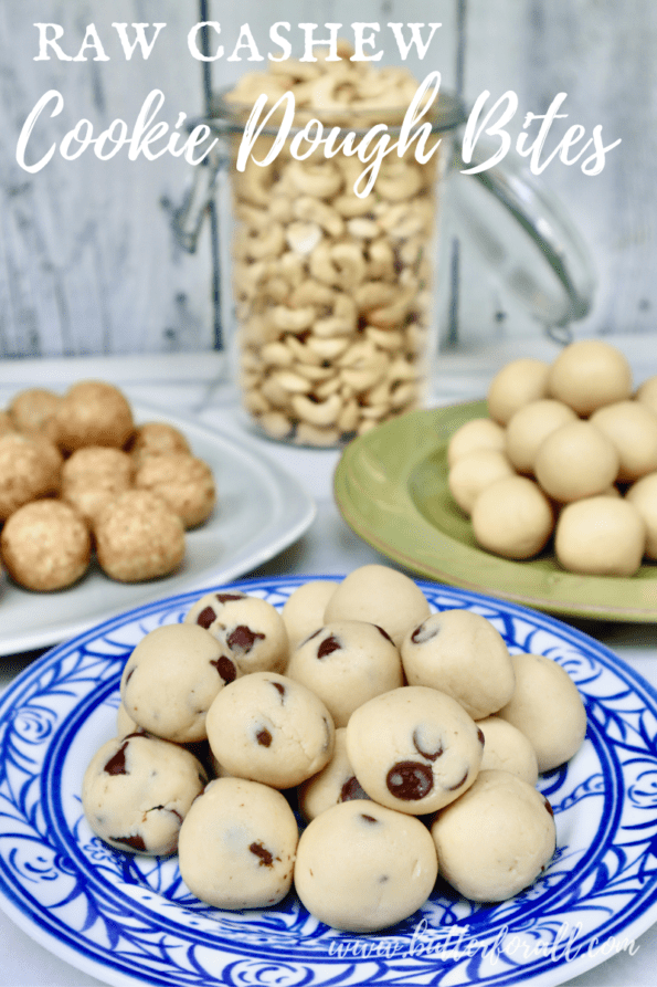 Pin image of raw cashew cookie dough bites.