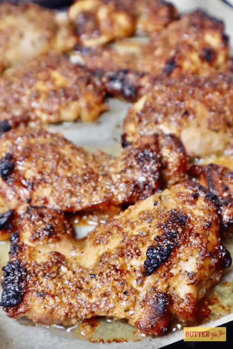 Honey Mustard Chicken baked to golden perfection on a sheet pan.