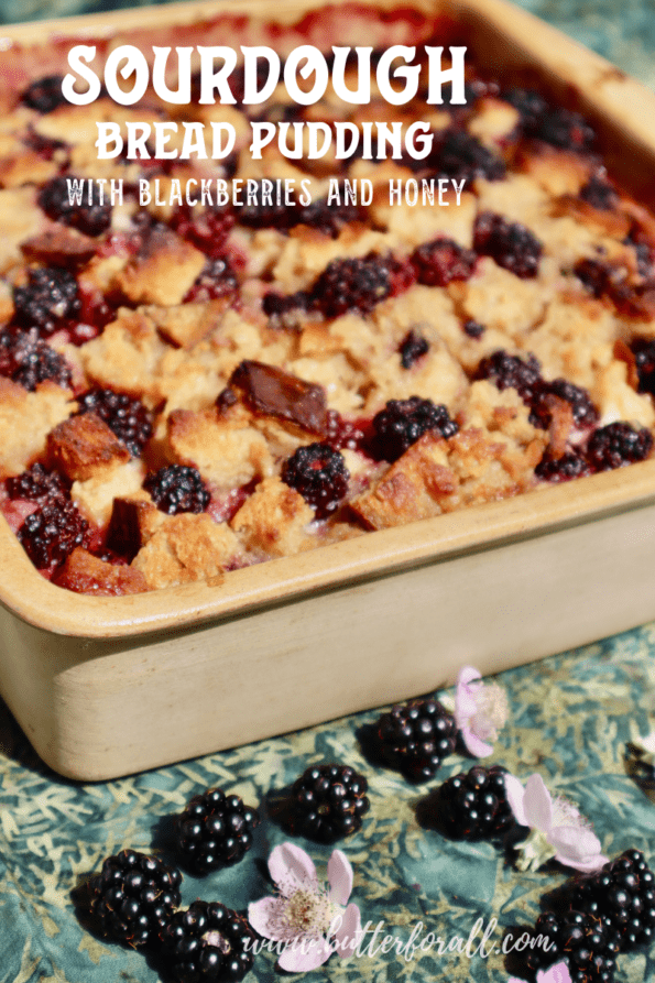 A pan of decadent sourdough bread pudding studded with plump wild blackberries.