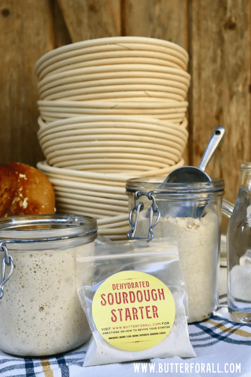 A packet of dehydrated sourdough starter leaning against a glass jar full of bubbly starter.
