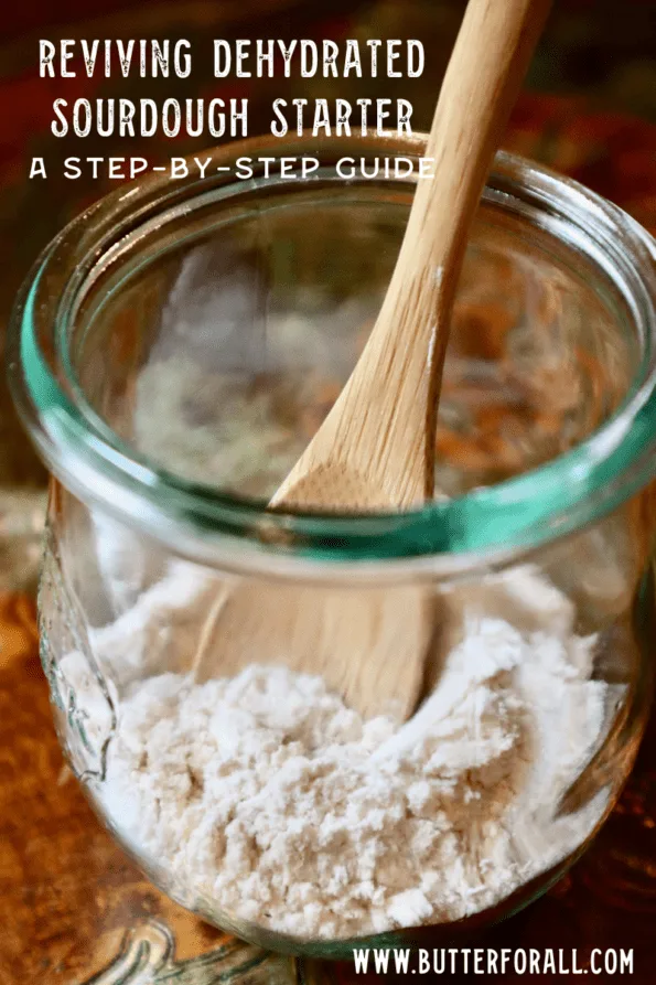 A small jar with flour and dehydrated starter.