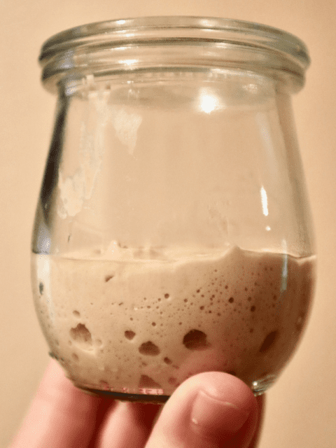 A small jar of starter with some small bubbles throughout.