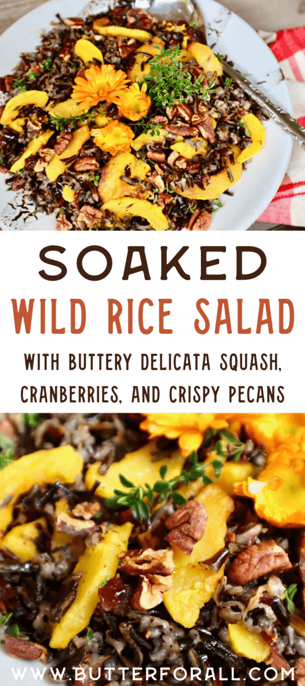 Title text and two photos of soaked wild rice salad topped with flowers and fresh herbs.