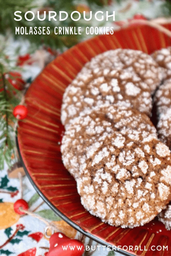 Crinkle top cookies on a red platter with text overlay.