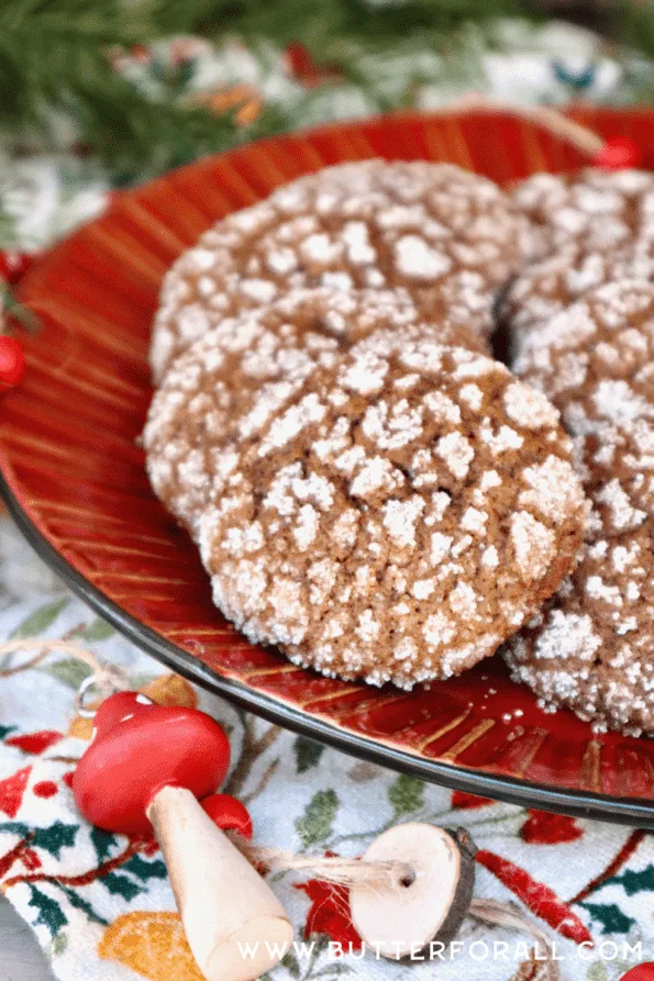 A plate of molasses crinkle cookies with an Amanita mushroom garland.