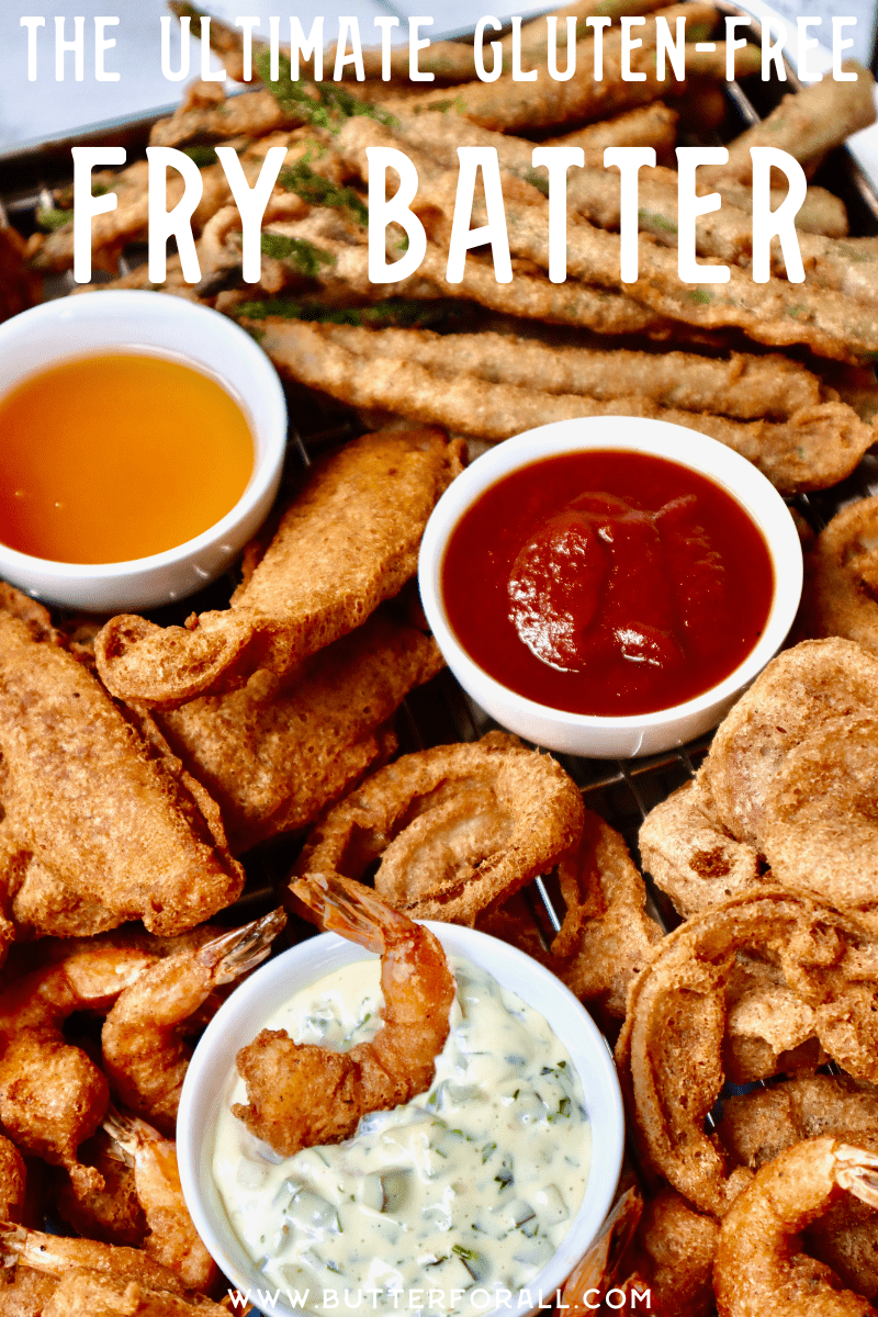 A platter of fried foods and sauces with text overlay.
