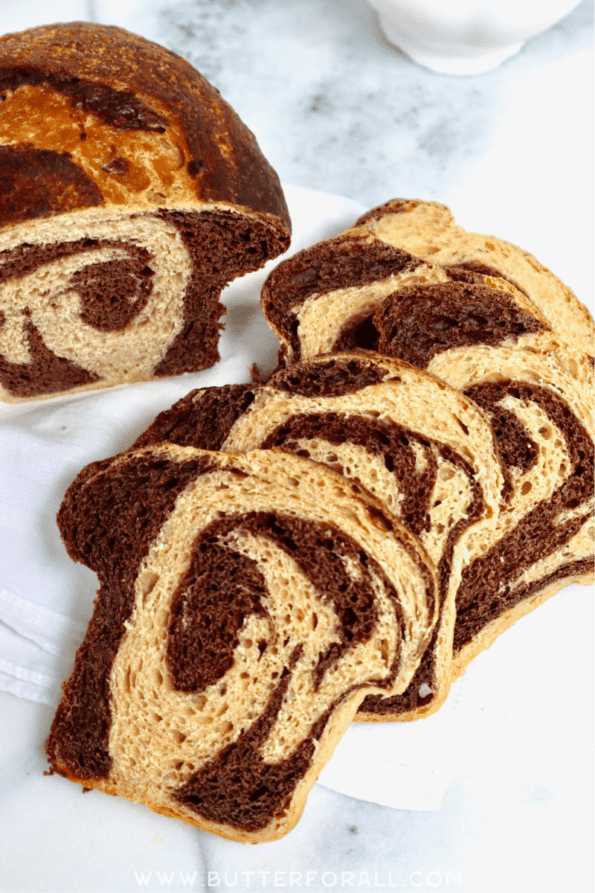 Stunning slices of sourdough bread showing the swirls of Dutch chocolate.