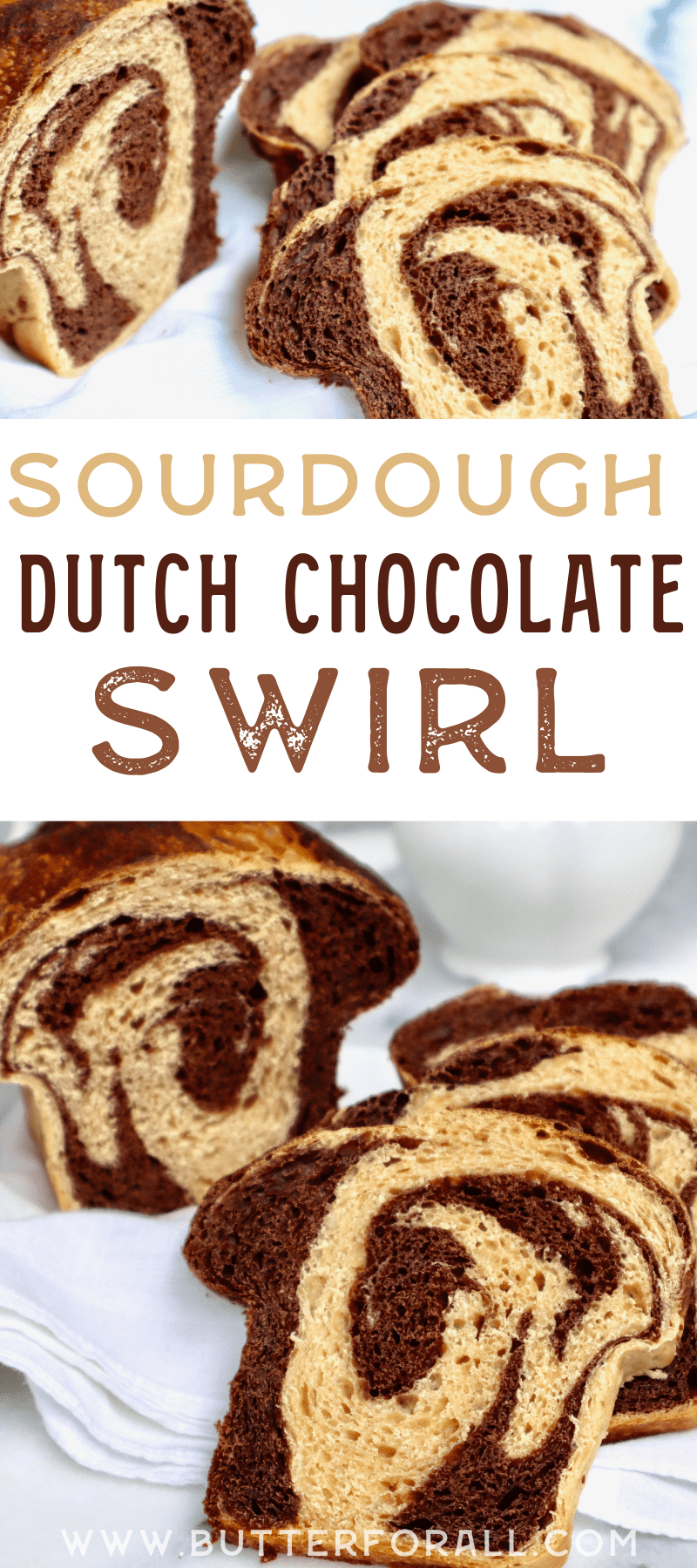 Photo collage with slices of Dutch chocolate swirl bread and text overlay.