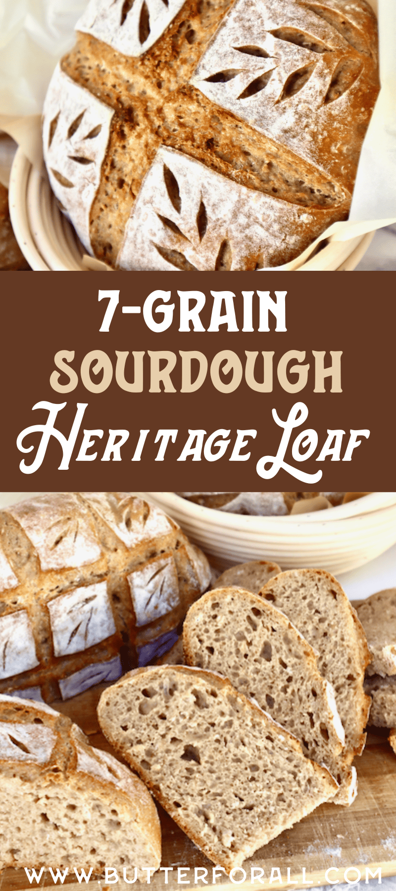 Golden-brown loaves and slices of whole-grain sourdough bread with text overlay.