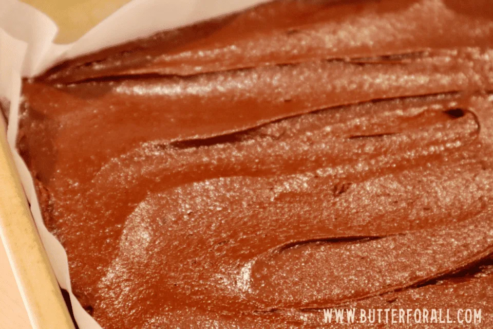 Shiny brownie batter smoothed into a ceramic baking pan lined with parchment paper.