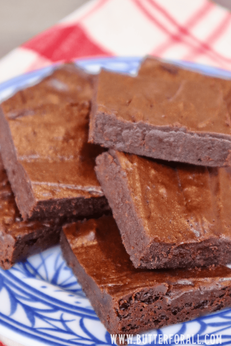 A plate stacked with shiny einkorn sourdough brownies.