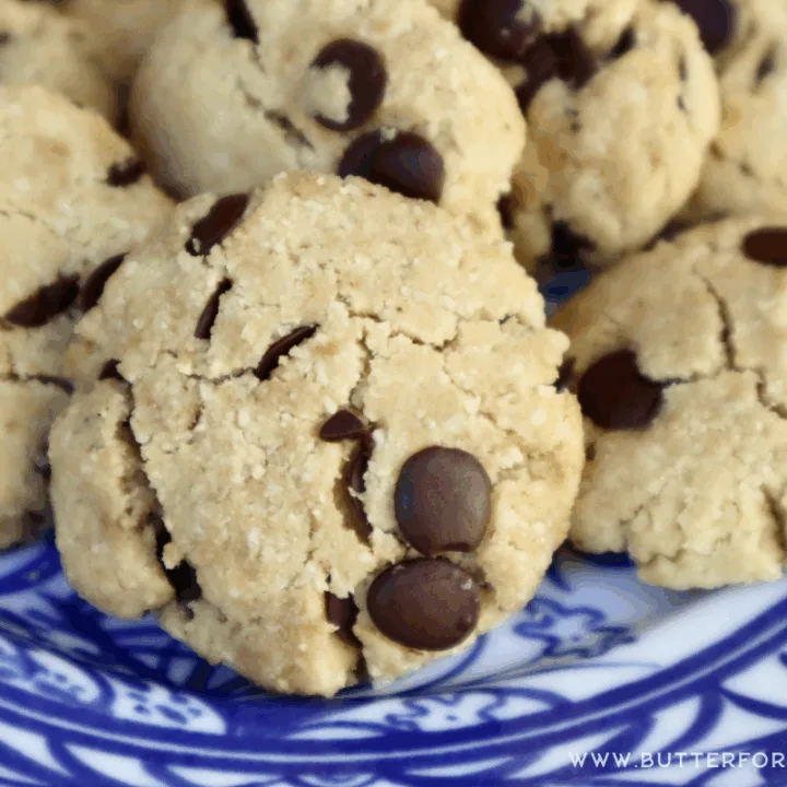 A close-up of the crumbly chewy texture of these almond flour carob chip cookies.