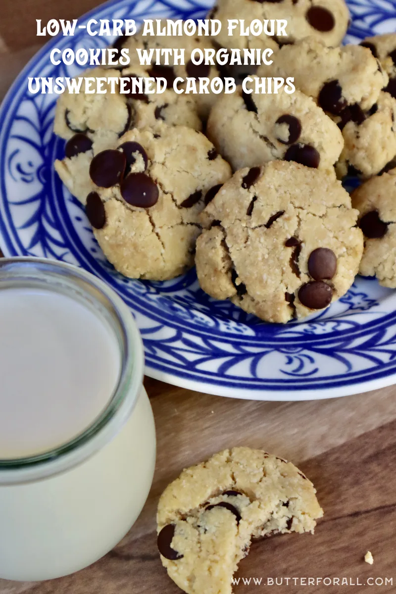 A plate of almond flour cookies with text overlay.