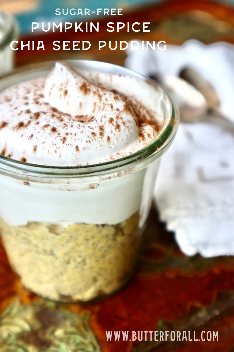 A jar of pumpkin spice, Chia seed pudding with a swirl of whipped cream and sprinkle of cinnamon.