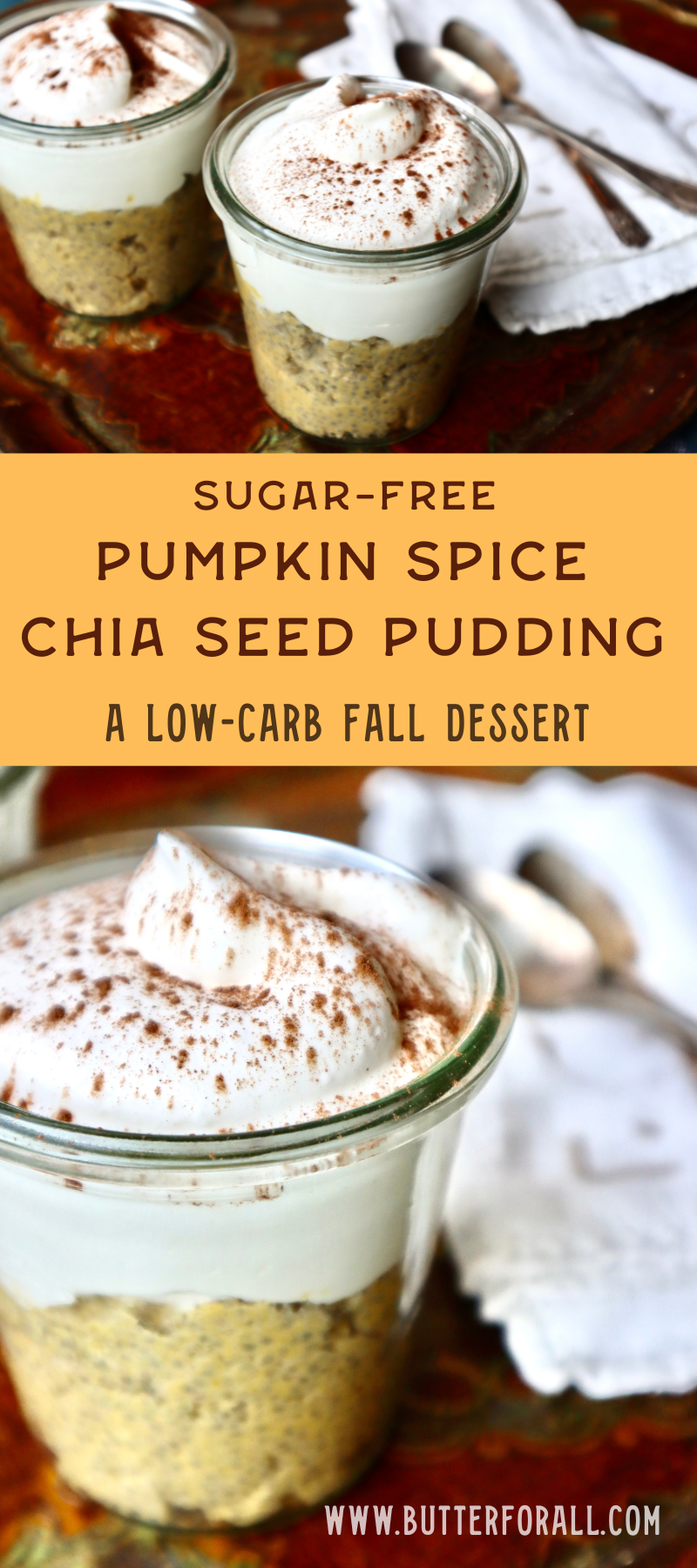 Photo collage showing glass jars half filled with Chia seed pudding with a generous dollop of whipped cream and sprinkle of cinnamon on top.